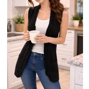 L Down East Long Black Sweater Vest Cardigan Boho casual, knit edge detailing